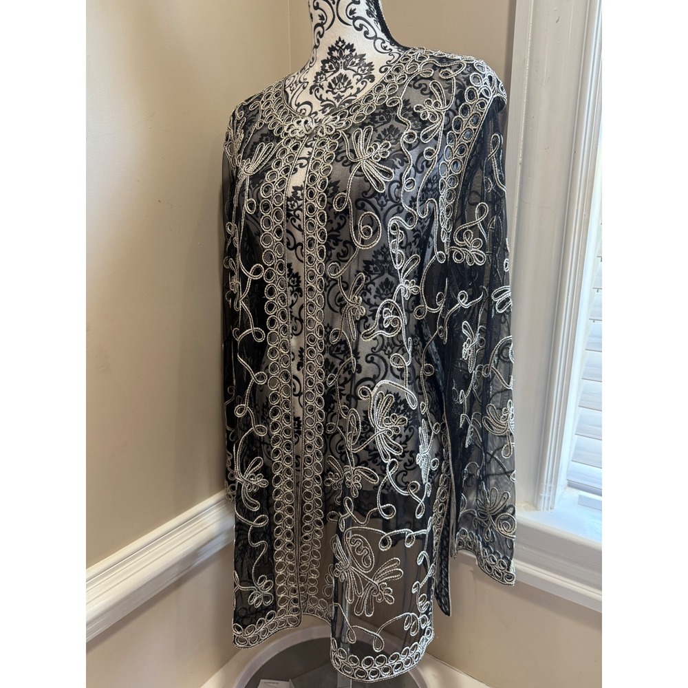 Victor Costa Occasion Silver Embroidered Mesh Duster Cardigan 1X Black Glam - Picture 9 of 11